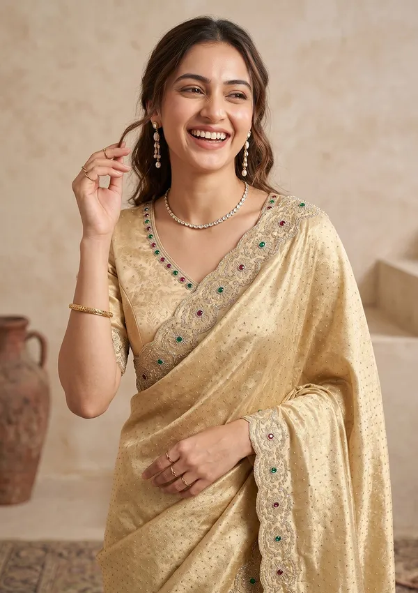 Gold_Organza_Silver_Stonework_Saree_With_Matching_Blouse_Piece
