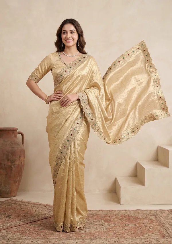 Gold_Organza_Silver_Stonework_Saree_With_Matching_Blouse_Piece