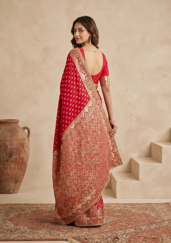 Red_Silk_Buti_Gold_Stonework_Saree_With_Matching_Blouse_Piece