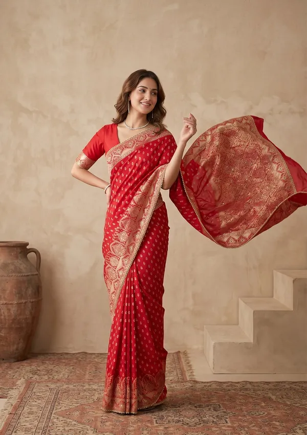 Red_Silk_Buti_Gold_Stonework_Saree_With_Matching_Blouse_Piece