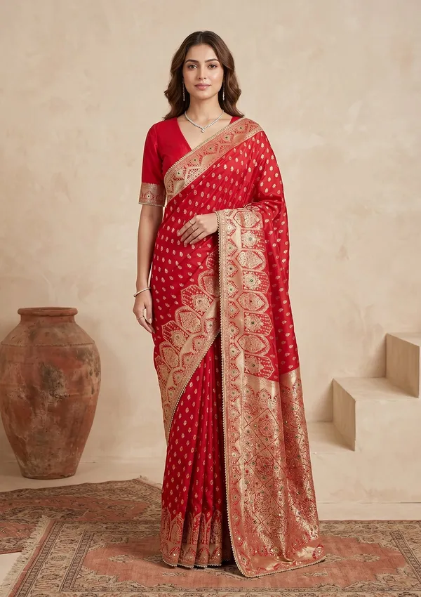 Red_Silk_Buti_Gold_Stonework_Saree_With_Matching_Blouse_Piece