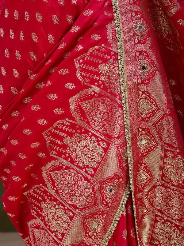 Red_Silk_Buti_Gold_Stonework_Saree_With_Matching_Blouse_Piece