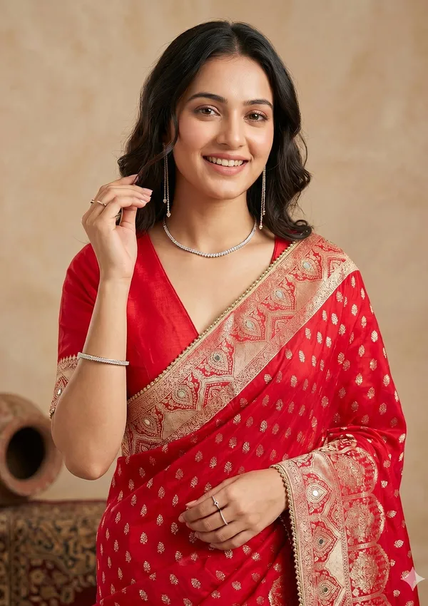 Red_Silk_Buti_Gold_Stonework_Saree_With_Matching_Blouse_Piece