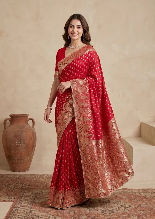 Red_Silk_Buti_Gold_Stonework_Saree_With_Matching_Blouse_Piece