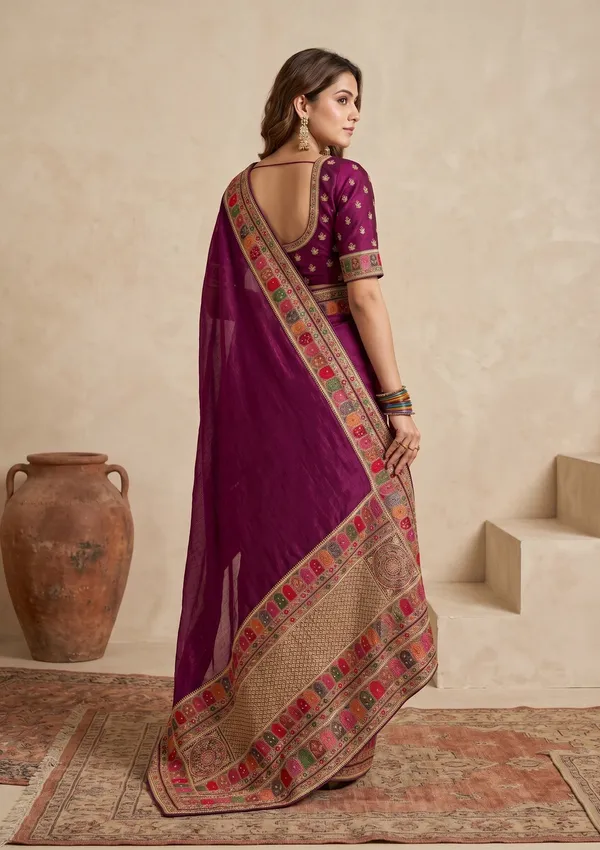 Wine_Soft_Raw_Silk_Kashmiri_Saree_With_Matching_Blouse_Piece