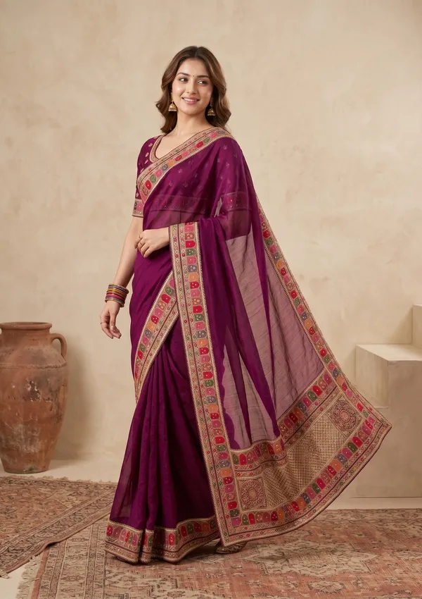 Wine_Soft_Raw_Silk_Kashmiri_Saree_With_Matching_Blouse_Piece