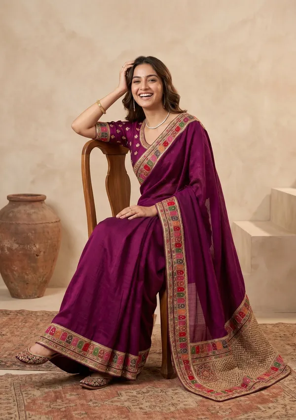 Wine_Soft_Raw_Silk_Kashmiri_Saree_With_Matching_Blouse_Piece