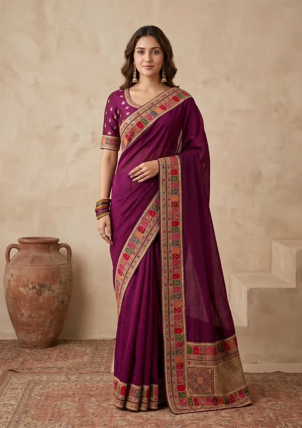 Wine_Soft_Raw_Silk_Kashmiri_Saree_With_Matching_Blouse_Piece