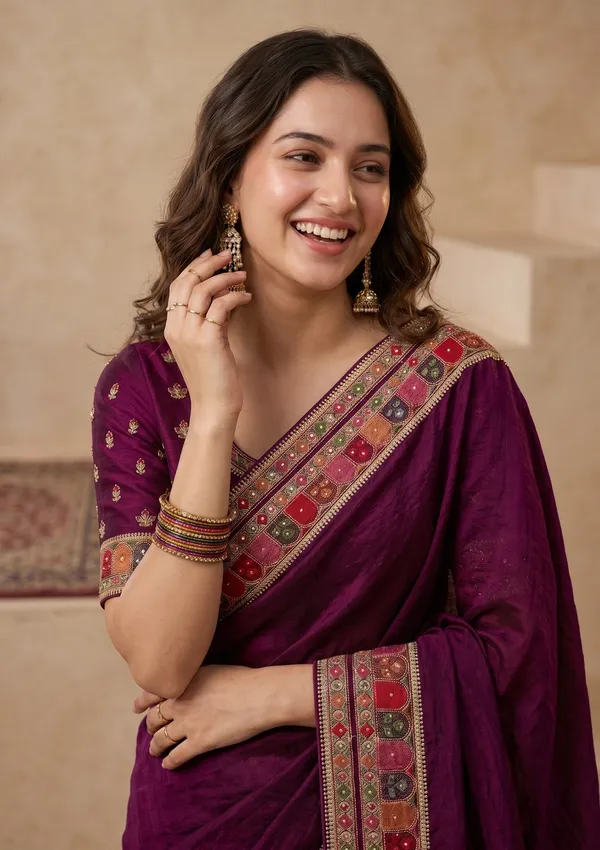 Wine_Soft_Raw_Silk_Kashmiri_Saree_With_Matching_Blouse_Piece