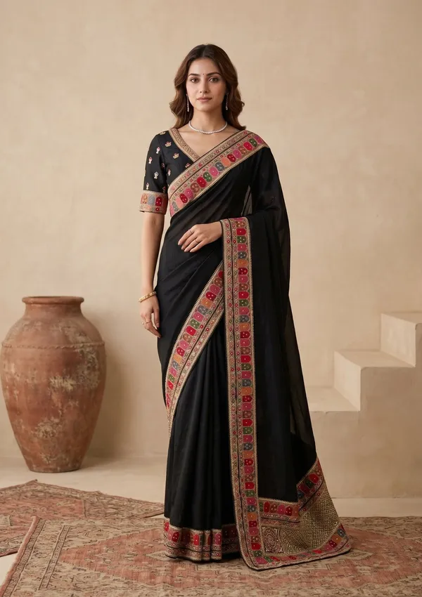 Black_Soft_Raw_Silk_Kashmiri_Saree_With_Matching_Blouse_Piece