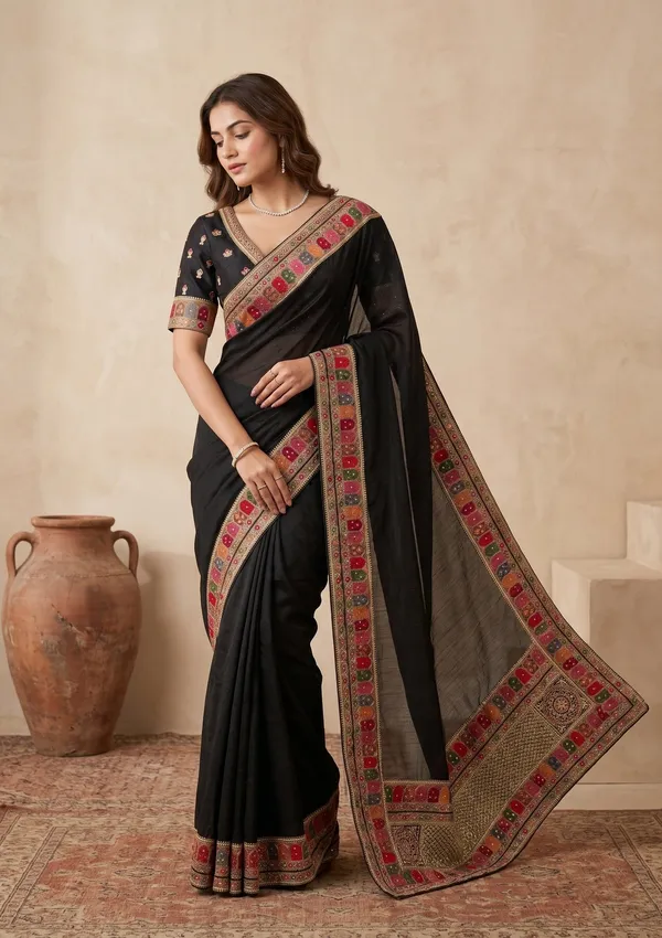 Black_Soft_Raw_Silk_Kashmiri_Saree_With_Matching_Blouse_Piece