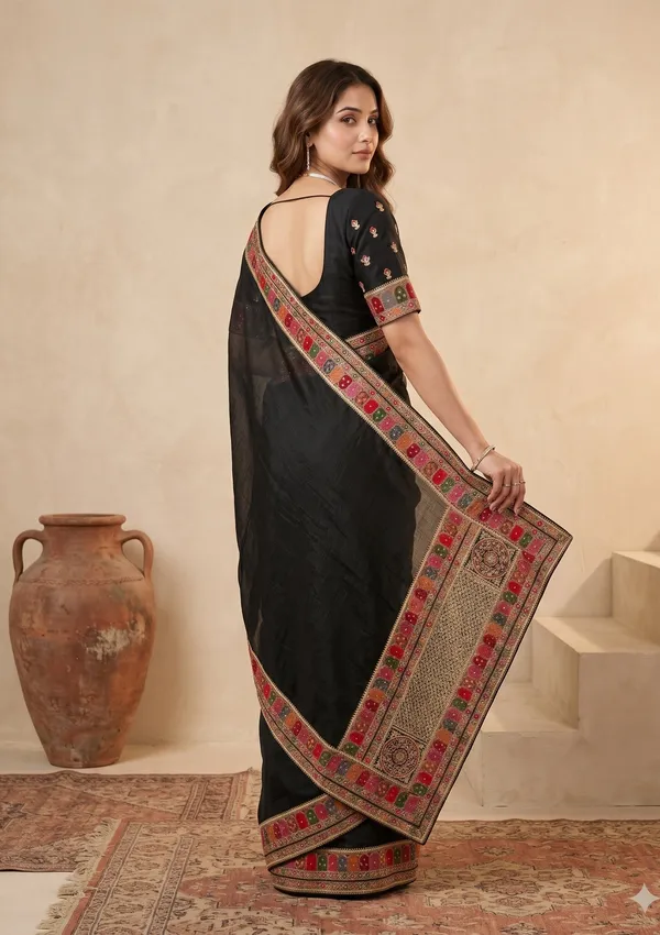 Black_Soft_Raw_Silk_Kashmiri_Saree_With_Matching_Blouse_Piece