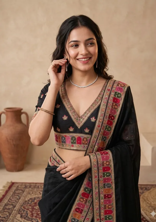 Black_Soft_Raw_Silk_Kashmiri_Saree_With_Matching_Blouse_Piece