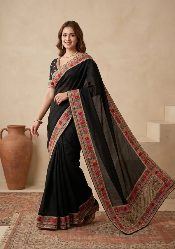 Black_Soft_Raw_Silk_Kashmiri_Saree_With_Matching_Blouse_Piece