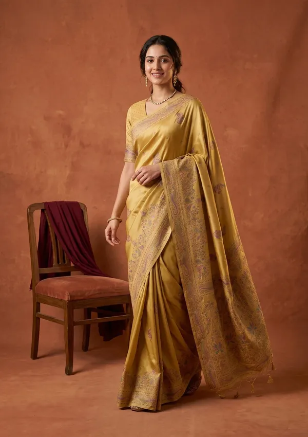 Gold_Silk_Buti_Saree_With_Matching_Blouse_Piece