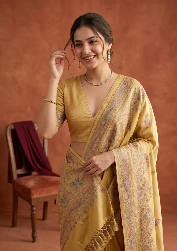 Gold_Silk_Buti_Saree_With_Matching_Blouse_Piece