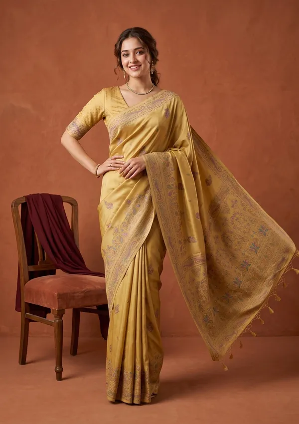 Gold_Silk_Buti_Saree_With_Matching_Blouse_Piece