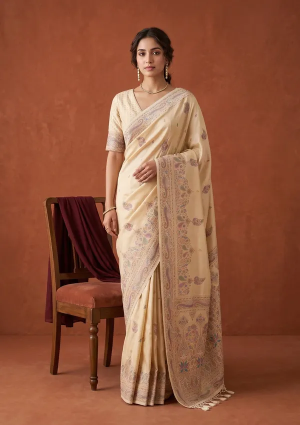 Cream_Silk_Buti_Saree_With_Matching_Blouse_Piece