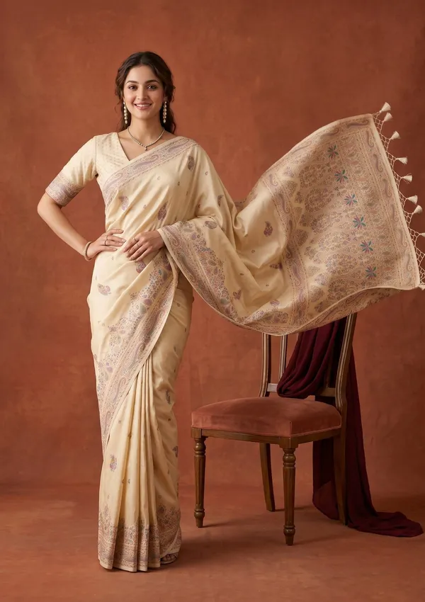 Cream_Silk_Buti_Saree_With_Matching_Blouse_Piece