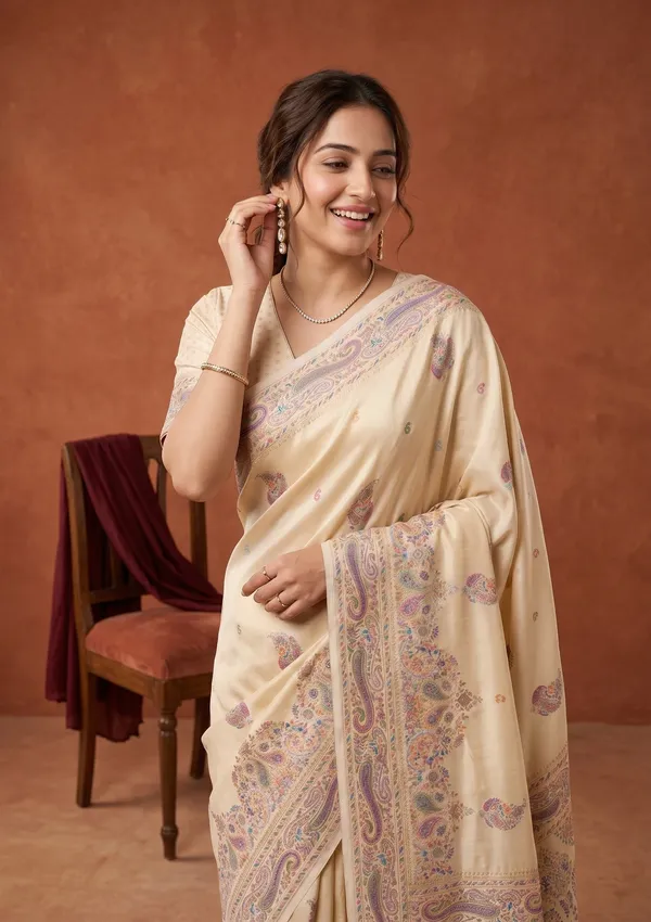 Cream_Silk_Buti_Saree_With_Matching_Blouse_Piece