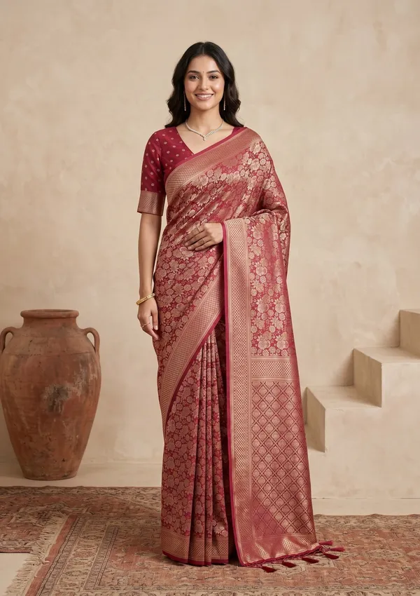 Maroon_Silk_Jaal_Saree_With_Matching_Blouse_Piece