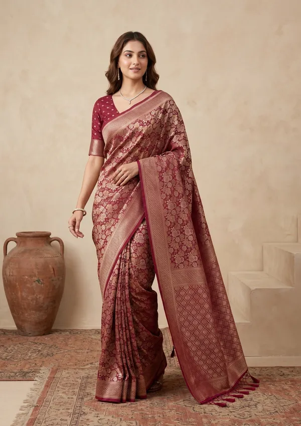 Maroon_Silk_Jaal_Saree_With_Matching_Blouse_Piece