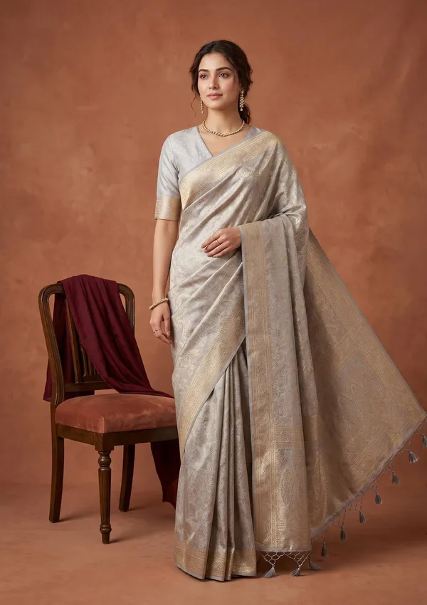 Light_Grey_Silk_Jaal_Saree_With_Matching_Blouse_Piece