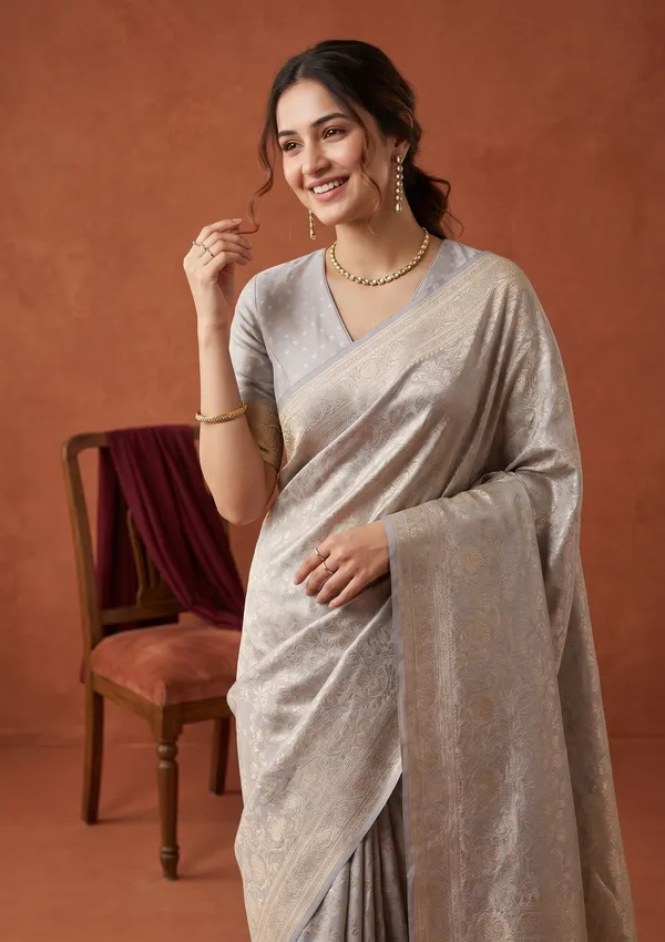 Light_Grey_Silk_Jaal_Saree_With_Matching_Blouse_Piece