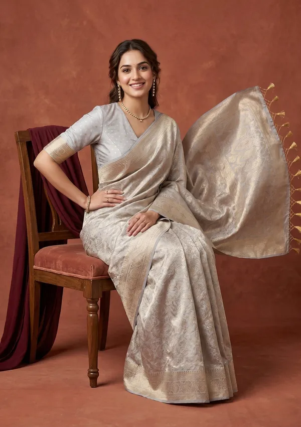 Light_Grey_Silk_Jaal_Saree_With_Matching_Blouse_Piece