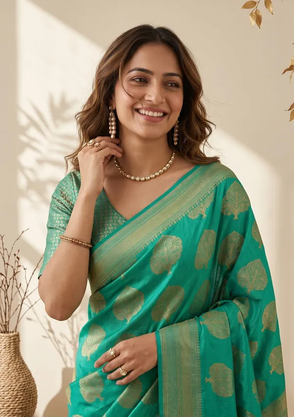 Leaf_Green_Silk_Jaal_Saree_With_Matching_Blouse_Piece