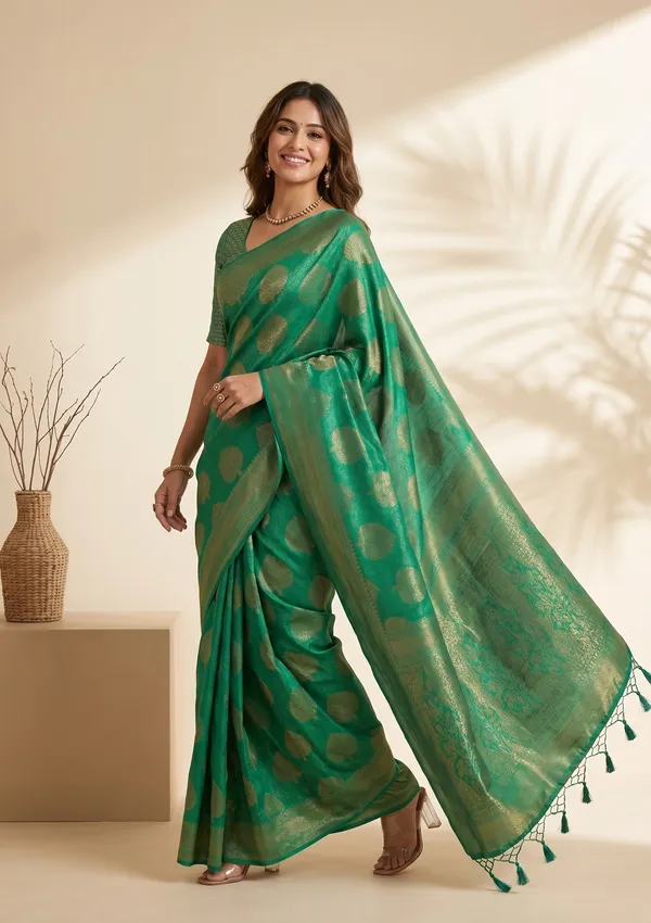 Leaf_Green_Silk_Jaal_Saree_With_Matching_Blouse_Piece