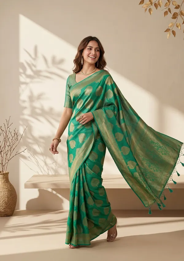 Leaf_Green_Silk_Jaal_Saree_With_Matching_Blouse_Piece