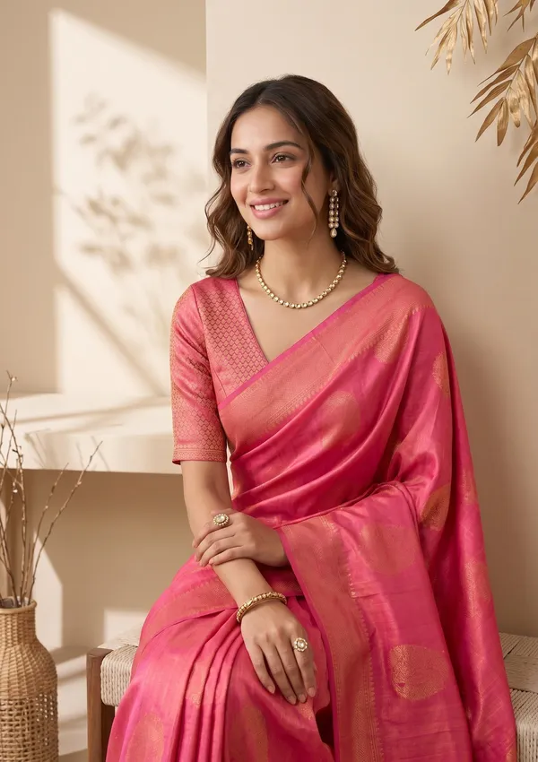 Rani_Pink_Silk_Jaal_Saree_With_Matching_Blouse_Piece