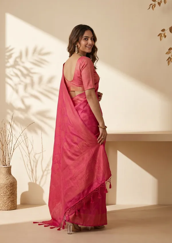 Rani_Pink_Silk_Jaal_Saree_With_Matching_Blouse_Piece
