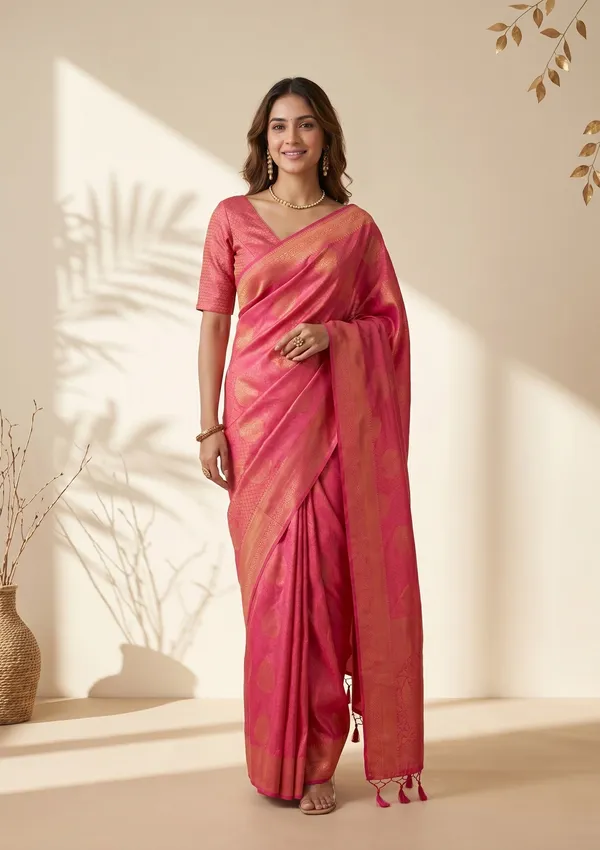 Rani_Pink_Silk_Jaal_Saree_With_Matching_Blouse_Piece
