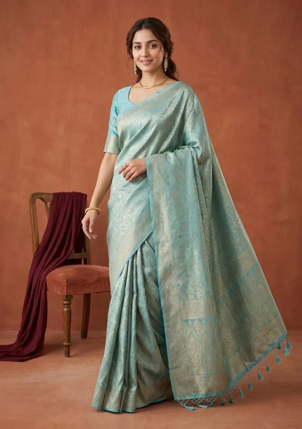 Sky_Blue_Silk_Jaal_Saree_With_Matching_Blouse_Piece
