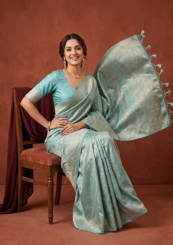 Sky_Blue_Silk_Jaal_Saree_With_Matching_Blouse_Piece