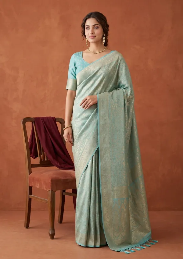 Sky_Blue_Silk_Jaal_Saree_With_Matching_Blouse_Piece