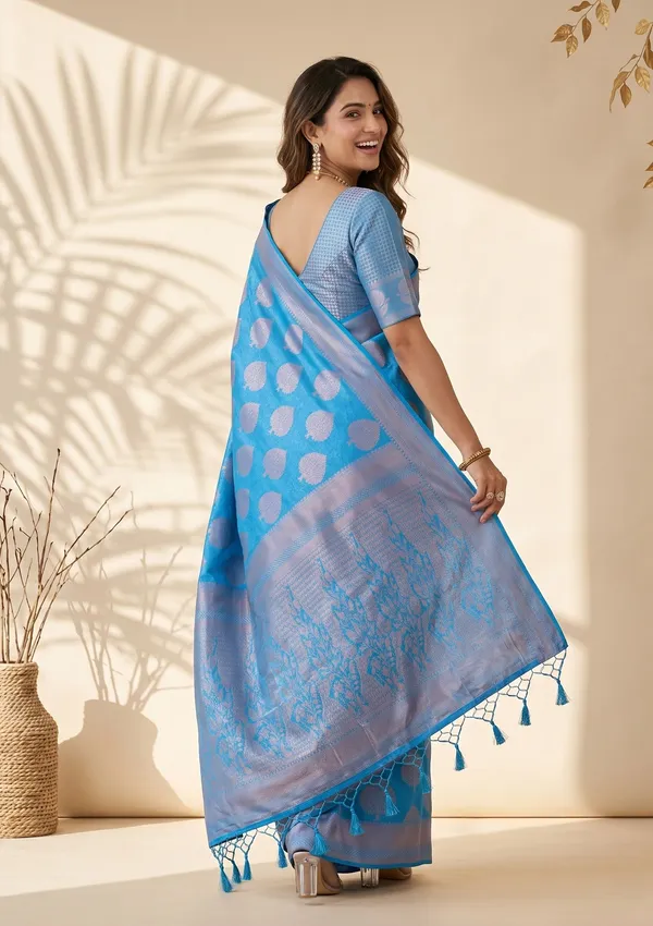 Turquoise_Blue_Silk_Jaal_Saree_With_Matching_Blouse_Piece