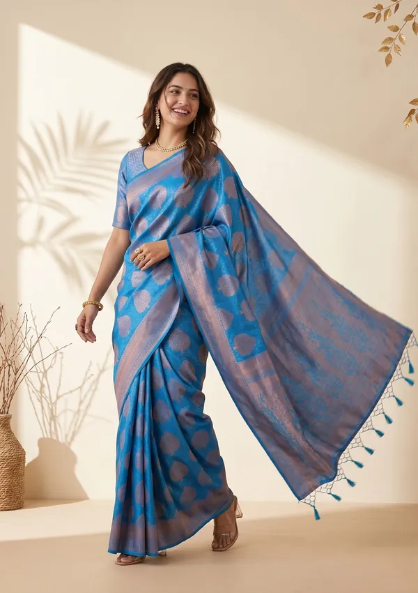 Turquoise_Blue_Silk_Jaal_Saree_With_Matching_Blouse_Piece