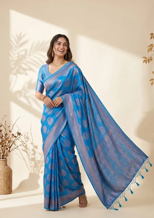 Turquoise_Blue_Silk_Jaal_Saree_With_Matching_Blouse_Piece
