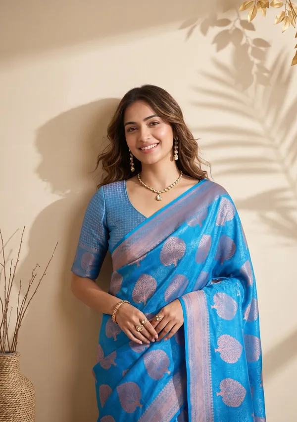 Turquoise_Blue_Silk_Jaal_Saree_With_Matching_Blouse_Piece