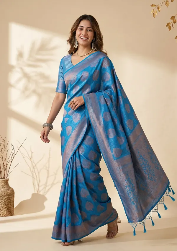 Turquoise_Blue_Silk_Jaal_Saree_With_Matching_Blouse_Piece