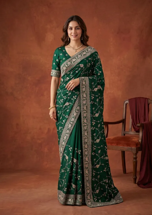 Bottle_Green_Aariwork_Satin_Saree