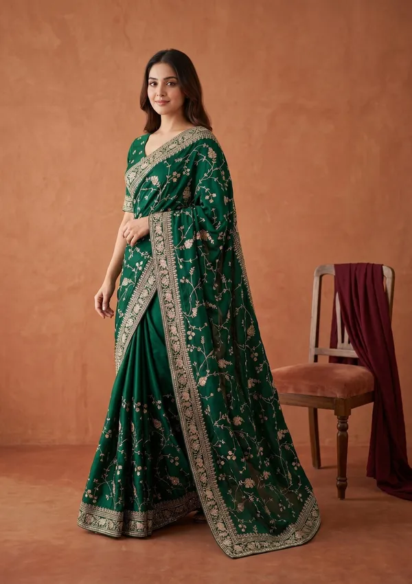 Bottle_Green_Aariwork_Satin_Saree