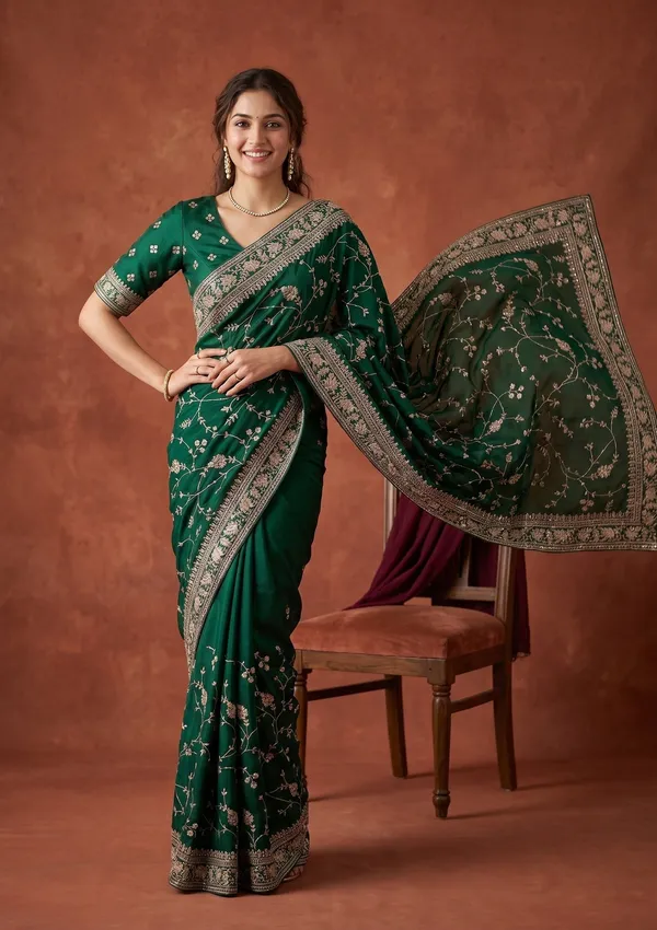 Bottle_Green_Aariwork_Satin_Saree