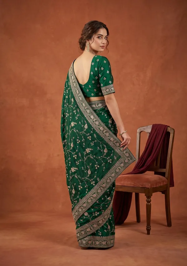 Bottle_Green_Aariwork_Satin_Saree