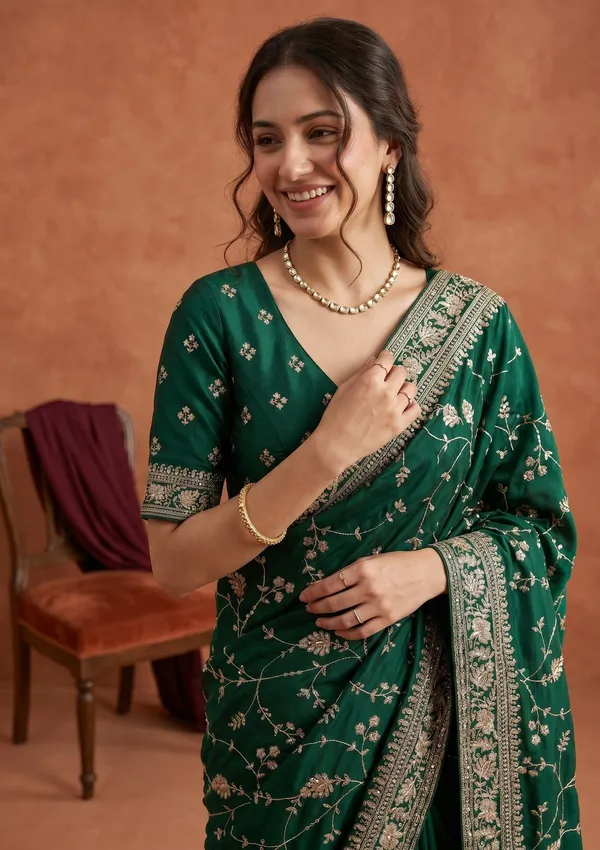 Bottle_Green_Aariwork_Satin_Saree