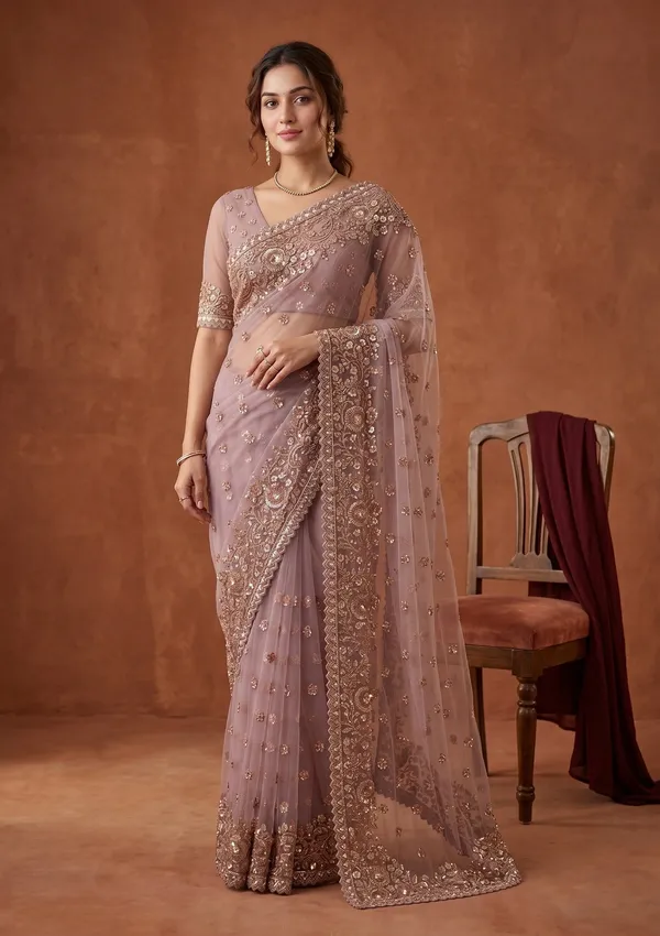 Lavender_Sequins_Net_Saree