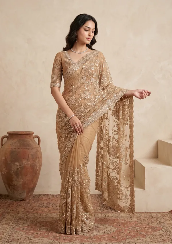Mustard_Sequins_Net_Saree